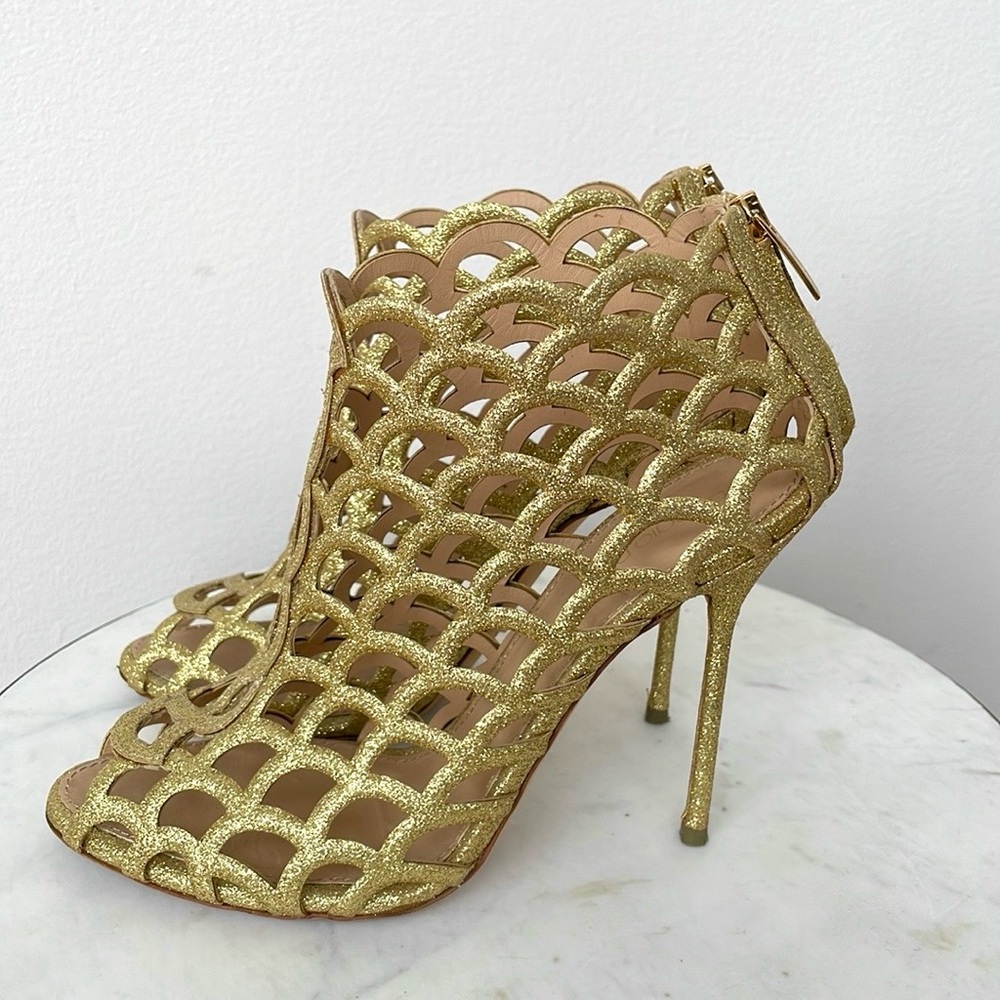 SERGIO ROSSI METALLIC GOLD LEATHER SCALLOP PEEP TOE CAGED BOOTIES 37.5
